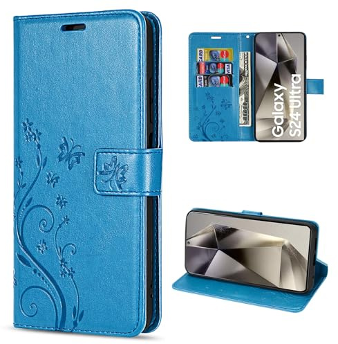 Hülle Kompatibel mit Samsung Galaxy S24 Ultra | Premium PU Leder Handyhülle Wallet Case für Galaxy S24 Ultra | Schutzhülle Blumen Klapphülle Handyhülle | Blau