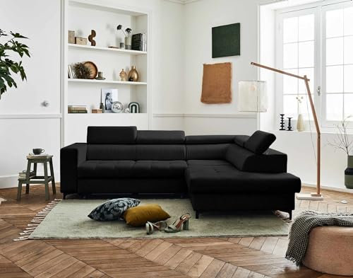 Lisa Design Olinda - Ecksofa mit Ecke rechts - 5 Sitzplätze - mit Schlaffunktion, Bettkasten und verstellbare Kopfstützen - aus Stoff Schwarz