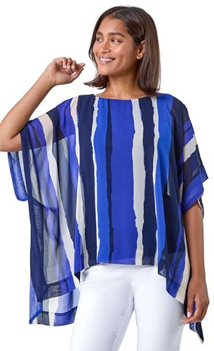 Roman Overlay Top for Women UK - Ladies Summer Blouse Spring Everyday Holiday Autumn Work Winter Round Neckline Comfy Pull-On Soft Vacation 3/4 Length Sleeves - Navy White Blue - Size 10