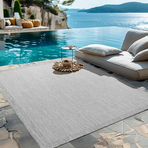 HomebyHome Outdoor-Teppich Flachgewebe Wetterfest Einfarbig Grau Küchenteppich, Balkon Terrassen Garten Wohnzimmer Teppich 140 x 200 cm