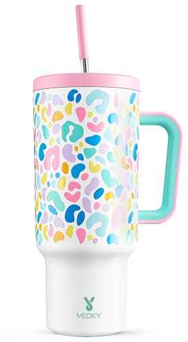 Meoky Bicchiere da 1182 ml con cannuccia e coperchio, bicchiere con manico, borraccia termica in acciaio inox, 100% a prova di perdite, fredda per 34 ore o calda per 10 ore (leopardo)