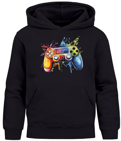 MoonWorks® Kinder Hoodie Jungen Gaming Zocken Spielekonsole Aufdruck Print Kapuzenpullover schwarz 140