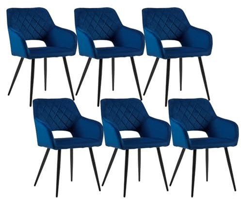 CLIPOP Esszimmerstühle, 6er Set, Polsterstühle mit Armlehnen, Metallbeine, Samtbezug, Samt Blau, bis 150 kg belastbar, für Arbeitszimmer, Wohnzimmer, Schlafzimmer (6er, Samt Blau)