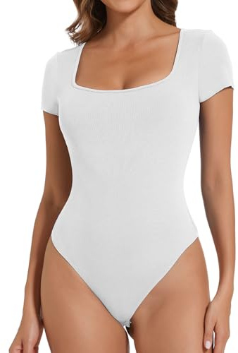 Joyshaper Women Bodysuits Short Sleeve Ladies Tops Square Neck Body Suits Casual T-shirts Ribbed Solid Leotard Top