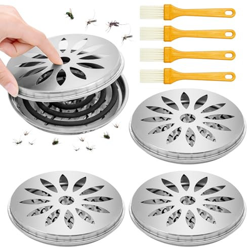 Spetsbst Lot de 4 porte-bobines anti-moustiques en acier inoxydable avec 4 brosses - Support de bobine de moustiques avec couvercle - Spirale anti-moustiques - Pour la maison, le jardin, le camping