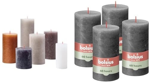 Bundle of Bolsius Rustikale Stumpenkerzen - Geschenkset mit 6 Stück - New Neutrals - Lange Brenndauer + Bolsius Rustik Stumpenkerzen - Anthrazit - Set 4 Stück - Brenndauer 60 Stunden - 13 x 7 cm