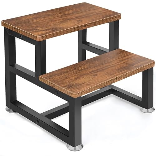 OUUTMEE 2 Niveaux Marchepied en Bois, Jusqu'à 150KG (Marron) | marchepied pour Lit en Hauteur avec Pieds Antidérapants, Marchepied pour Cuisine, Chambre à Coucher, Salle de Bain