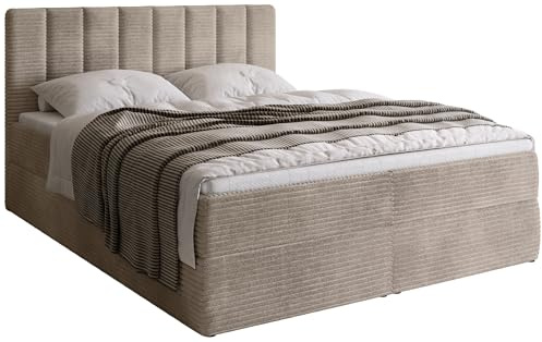 BROMARKT Boxspringbett mit Matratze 140x200cm Bett mit Topper Beige | Polsterbett mit Bettkasten Doppelbett für Schlafzimmer gepolsterte Kopfstütze Bed Bonell Härtegrad H3 DENVER