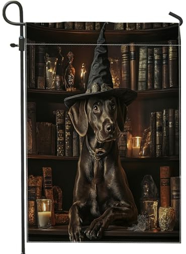 Halloween-Gartenflaggen mit kurzhaarigem Zeiger, 30,5 x 45,7 cm für draußen, gruselige Hexe, magische Bücher, Welpen, Standard-Leinen für Haus, Haustier-Vorgarten, Hinterhof, Rasenflaggen