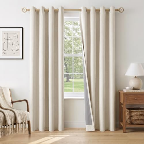 INOVADAY 100% Blackout Eyelet Curtains 2 Panels, 50 W x 84 L, Cream | Black Out Curtains for Living Room Bedroom, Thermal Insulated Linen-Look Curtains, Noise Reducing, OEKO, with Coating Layer