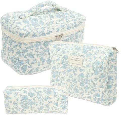 Lot de 3 trousses de maquillage en coton avec poignée et fermeture éclair, portable, esthétique, avec motif floral, trousse de toilette de voyage pour femmes et filles, bleu clair