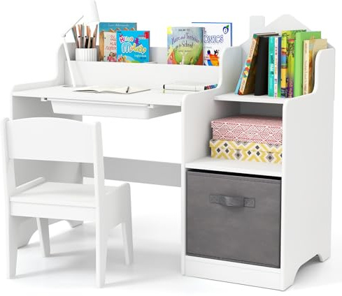 COSTWAY Schreibtisch Kinder, Kinderschreibtisch mit Stuhl, Schublade, offenen Regalen & Stoffbehälter, Schülerschreibtisch Holz in Hausform, Jugendschreibtisch für Kinder ab 3 Jahren (Weiß)