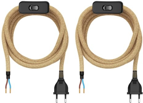 ledscom.de 2 enchufes europeos tipo C con cable textil, interruptor, 2 m, beige, 2 x 0,75 mm²