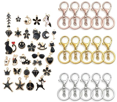 15er Schlüsselanhänger Set, Schlüsselringe Silber/Gold/Roségold, mit 30 Mini Schwarz Anhänger, für DIY Basteln Lanyards Taschen Anhänger, Schmuck