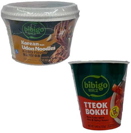 Bibi-Go's Udon Noodle BBQ 187g and Tteokbokki Hot& Spicy Cup 125g Instant Spicy Noodle & Rice Cake Product of Korea Combo Pack 1