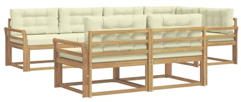vidaXL Outdoor-Sofagarnitur mit Kissen 6 pcs Weiß und Creme Polyester, Terrasse, modernes Outdoor-Möbelset, wetterfeste Garten-Sofa-Garnitur, Flexible Design-Sitzgelegenheiten aus Akazienholz