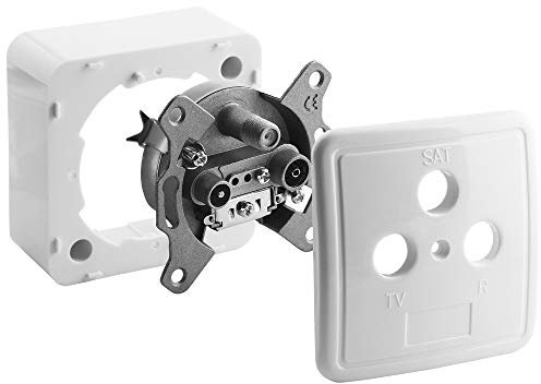 Universal Antennen Sat Dose Enddose für TV und Radio mit Rahmen und Abdeckung 75Ohm, 1 Koax Stecker männlich 1 Koax Buchse Kupplung weiblich u. 1 F-Buchse, geeignet für 3D SD HD FullHD UHD 4K, Weiss
