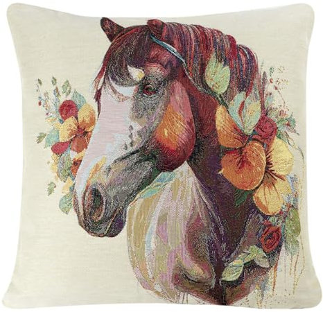 Kissenbezug Gobelin Pferd mit Blumen Zierbezug Sofakissen Jacquard