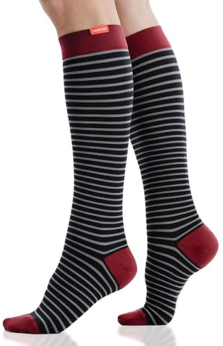 VIM & VIGR 30-40 mmHg Compression Socks for Women & Men (Black & Grey Little Stripe Nylon, Small/Medium (1))