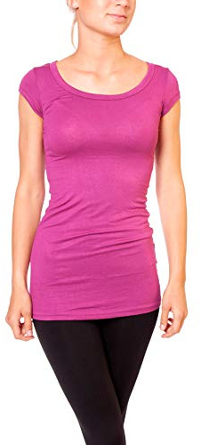 Easy Young Fashion - Damen Basic T-Shirt - langes Kurzarm Longshirt - Rundhals Longsleeve - Unterziehhemd Skinny Fit 1002 - Helle Beere L