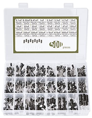 Elkos Kondensator Aluminium Elektrolytkondensator 10V 16V 25V 50V Sortiment Kit Kapazität 0,1 uF bis 1000 uF mit Aufbewahrungsbox 24 Wert 500 Stück