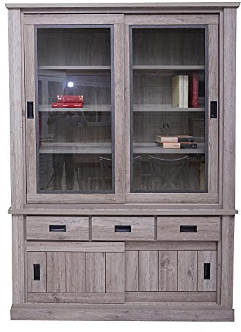 Dmora Buffet avec vitrine et base avec deux portes et trois tiroirs, couleur marron, 150 x 203 x 40 cm.