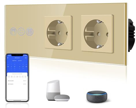 BSEED Normal Doppelt Steckdose mit Smart Alexa Rollenschalter (Vorhang nicht) Glas Wifi Touch Schalter (Neutrale Leitung benötigt), Kompatibel mit Tuya/Google Home/SAMRT LIFE Gold