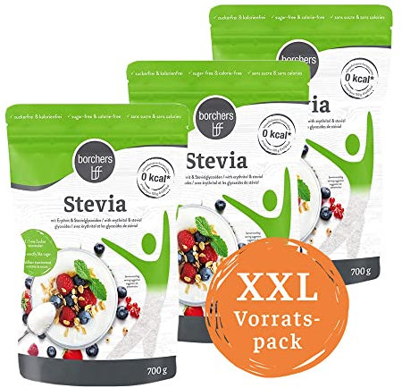 BORCHERS Stevia, Kristalline Streusüße 3x 700g, Stevia-Erythrit Mischung, 1:1 wie Zucker, kalorienfrei & zuckerfrei, Zuckerersatz, Süßungsmittel, Zuckeralternative, XXL Vorteilspack