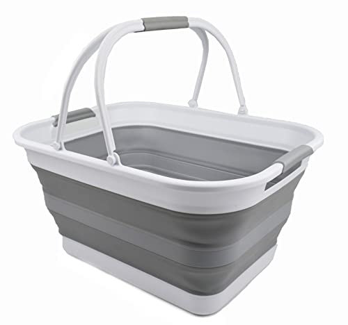SAMMART 29 l zusammenklappbare Wanne mit Griff, tragbarer Picknickkorb, platzsparender Aufbewahrungsbehälter, Wasserkapazität 24 l (Weiß/Grau)