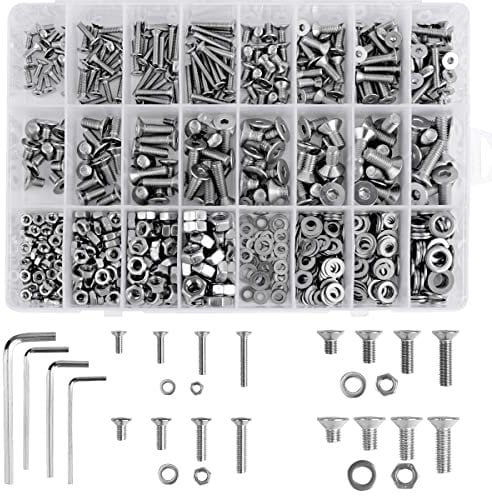 Loscrew M3 M4 M5 M6(Total 830Pcs) Hex Socket Flat Head Screw 304 Stainless Steel Hexagonal Machine Screws,16 Kinds of Size Countersunk Screws Nuts and Bolts Assortment Set+Wrenches(4pcs)