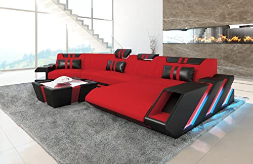 Wohnlandschaft Apollonia Stoffsofa C Form Sofa - mit LED Beleuchtung, verstellbare Kopfstützen, Recamiere/Mikrofaser/Ausrichtung wählbar (Ottomane rechts, Rot-Schwarz C134)
