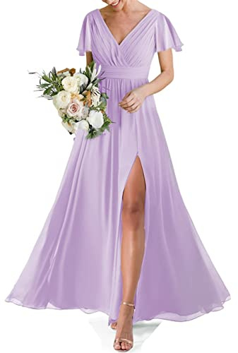 HPPEE Hochzeit Brautjungfer Kleid für Frauen Doppelter V-Ausschnitt Kurzarm Formelles Abendkleid mit Schlitz, Flieder, 32