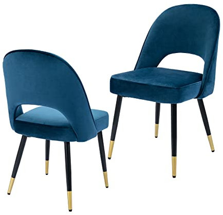 chairus 2er Set Esszimmerstühlen aus Samt für Küche Wohnzimmer Modern Armloser Bürostuhl Polsterstuhl Seitenstühle Hohler Rückenmit Metallbeinen (Blau-2)