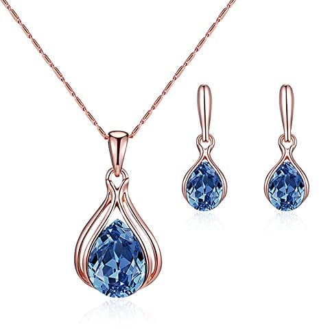 FFWTPY Jewellery Sets for Women Crystal Necklace and Earrings Set for wedding Rose Gold Teardrop Pendant Necklace Set Gift for Birthday Christmas Valentine’s day (Dark Blue)