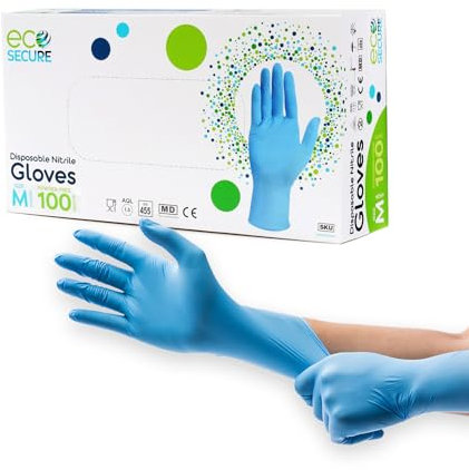 Ecosecure Multi-Purpose Nitrile 100 Disposable Gloves Medium - Powder Free, Latex Free & Non-Sterile - Food Approved, Medical & Industrial Protection - Box of 100