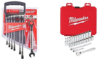 Milwaukee 932464993 Max Bite Ratcheting Metric Combination Spanner Set, 7 Piece, Red & 4932464943 1/4in Ratcheting Socket Set Metric, 28 Piece, Red