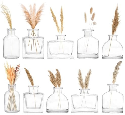 Winter Shore Pequeños Jarrones Decorativos Modernos Cristal para Centro de Mesa [Pack de 10] - Jarron Cristal Transparentes - Botellas Cristal Decoracion Cuadradas y Redondas de Hogar y Bodas