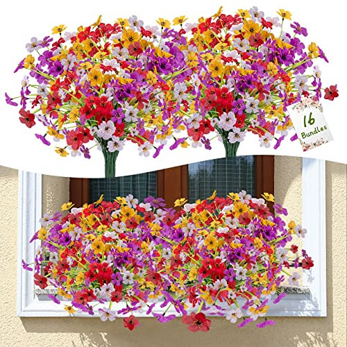 SMALUCK Artificial Violet Flowers Outdoor, UV Resistant Plants Faux Plastic flowers Greenery Shrubs Indoor Outside No Fade Fake Flower for Kitchen Home Wedding Office Garden Decor 16 Branches