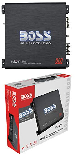 KIT SET PER BOSS AUDIO SYSTEMS RIOT R4002 amplificatore 2 canali 800 watt max classe a/b con bass boost illuminazione led, 1 pezzo + controllo remoto a distanza incluso