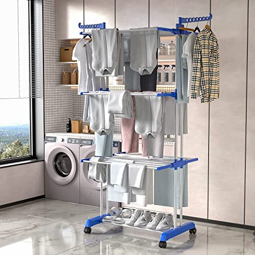 Rutaqian Kleidung Wäscheständer, Großer 4-Tier Faltbarer Wäscheständer Kleidung, Beweglicher Wäscheständer mit 4-Rollen, Multifunktionaler Wäscheständer aus Edelstahl