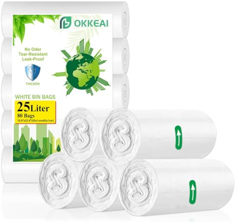 OKKEAI Bolsas de Basura Para Pedal de 25 L, Blancas, 80 Unidades, Fuertes Para Cubos de 20 a 30 Litros