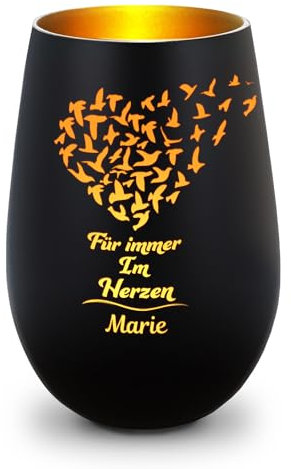 GRAVURZEILE Deko Windlicht aus Glas mit Gravur - Für Immer im Herzen - Personalisiert mit Namen - Trauer Windlicht aus Glas - Trauerlicht zur Beerdigung oder als Andenken - Schwarz/Gold