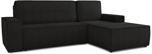 Ecksofa Totti L mit Schlaffunktion und Bettkasten - Cord Stoff - L-Form Couch, Polstersofa, Schlafsofa, Sofagarnitur (Schwarz (Poso 135), Ecksofa Rechts)