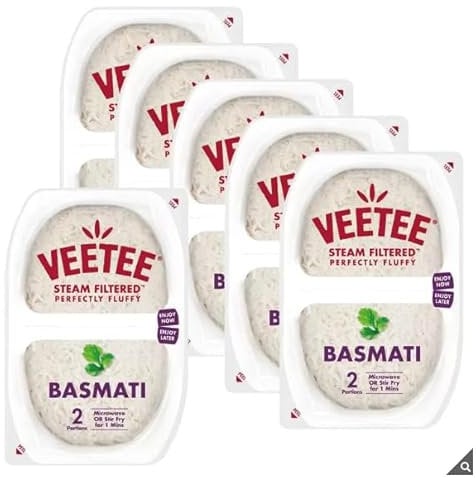 VeeTee Rice & Easy Basmati- Uniquely Steam Filtered - Microwave or Stir Fry in Just 2 Minutes - GMO Free - Low in Salt - 6 x 2 x 125g