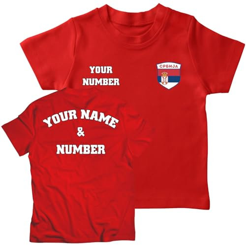 lepni.me Personalisiertes Kinder-Fußballtrikot Serbien T-Shirt | Name und Nummer | Serbische Flagge, Abzeichen | Fußball-Europameisterschaft (9-11 Jahre Rot Mehrfarben)