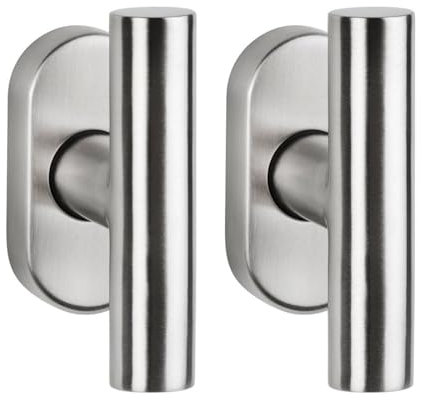 2er Set FELGNER Fenstergriff Como - T-Form | Fenster-Sicherung mit 90° Kugelrasterung | versteckte Schrauben + ovale Rosette | korrosionsbeständig | Stiftlänge 24/42 mm + 32/36 | Edelstahl matt