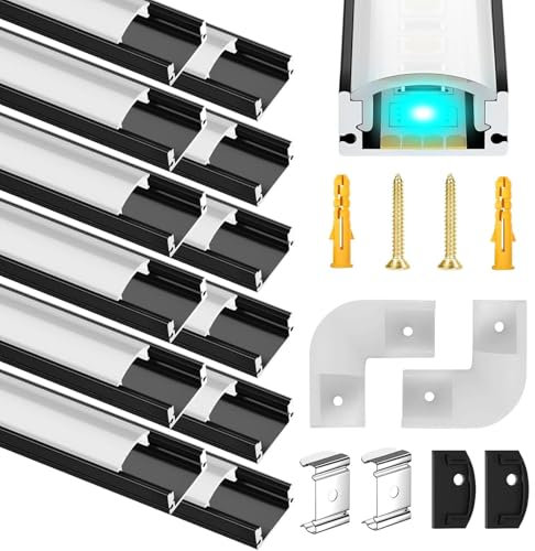 12 Pack LED Kanal Schwarz für 12mm Led Streifen, U Form Aluminium Profil Leiste Schiene Alu Profil, Stripes Aluprofil mit Milchiger Weißer Abdeckung, Strip Diffusor mit 90 Grad Eckverbindern