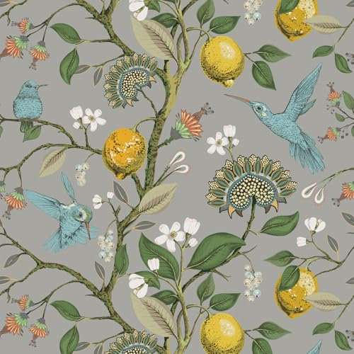 VaryPaper Blue Bird Wallpaper Self Adhesive Vintage Floral Wallpaper 44.5cmx300cm Sticky Back Plastic Grey Vinyl Wrap for Furniture Grey Wall Paper for Bedroom Living Room Cupboard Vinyl Wrap