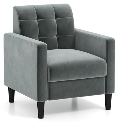 COSTWAY Velvet Accent Chair, Tufted Upholstered Lounge Armchair Single Sofa Chair, Mid-Century Modern Comfy Armchair Fireside Occasional Seat Reading Chair for Living Room Bedroom Reception, Grey