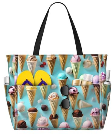 SKKNT Tragetasche mit Eistüten-Druck, großes Fassungsvermögen, wasserdicht, sanddicht, Strand, Fitnessstudio, Reisen, Urlaub, Picknick, Schwarz, Einheitsgröße